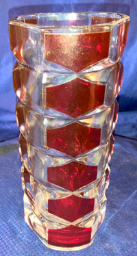 Vtg MCM Clear & Ruby Red Glass 7" High Vase France
