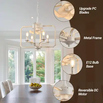 White Gold Farmhouse Fandelier Ceiling Fan with Lights and Remot, View more