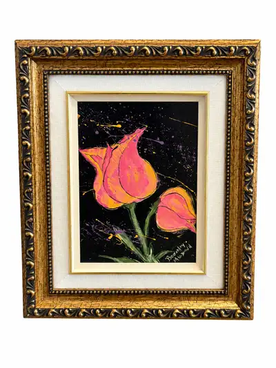Beautiful original acrylic floral painting by local Halifax artist Beverley, featuring vibrant pink...