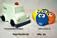 Vintage Burger King Kids Club toys, Ambulance & MMs, $5 each