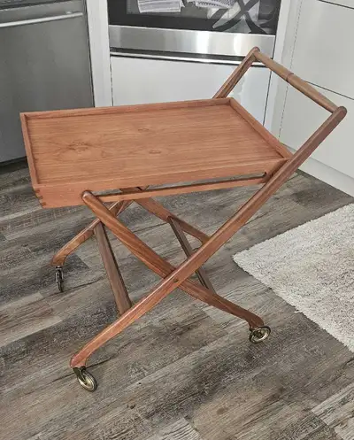 Mid century walnut and teak cart, View more