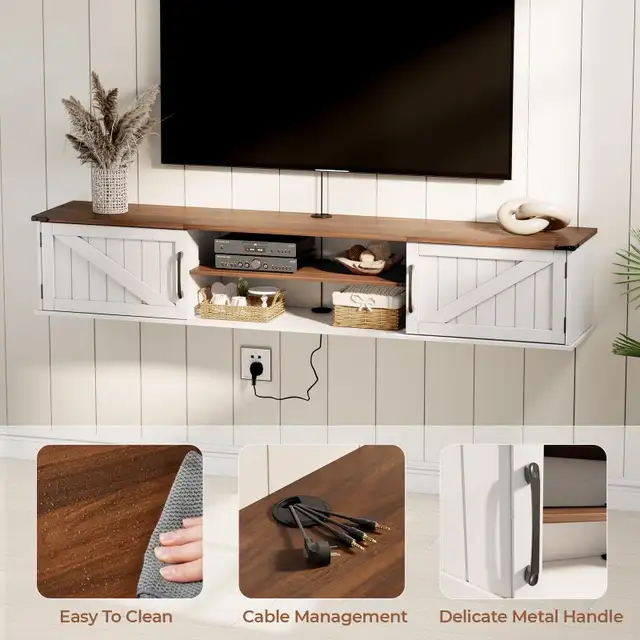 Floating TV Stand with Doors, 63'' Farmhouse TV Shelf  in Other in Markham / York Region - Image 3