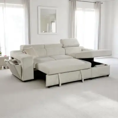 New Sectional Sofa Bed In Fabric Upholstery - Ivory Clearance, View more