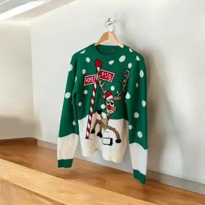 George Unisex REINDEER HOME PUB Sign Ugly Christmas Sweater Sz S, View more