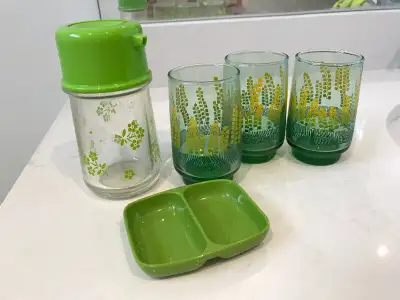 Vintage Green Glassware Set of 3 / Oil and Condiment Dish, View more