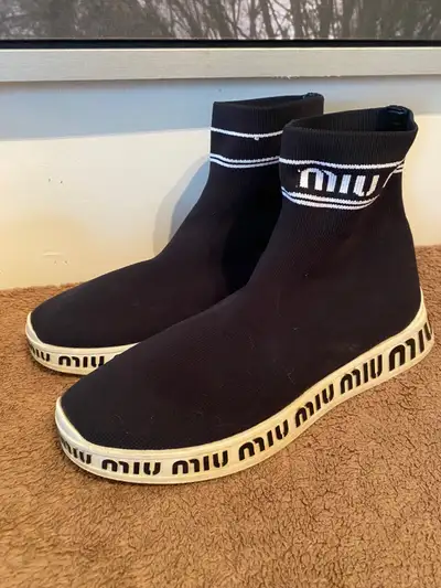 Miu Miu by Prada Sneakers Boots Logo Black Knit Logo Sock Bootie, View more