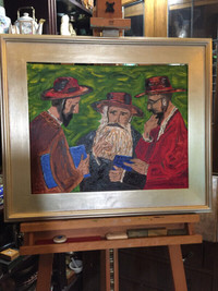 Framed Oil Painting On Canvas "Three Rebbes" Signed