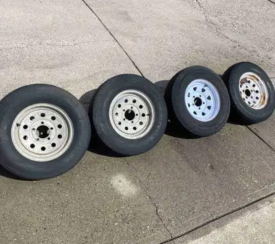 Four 13” trailer tires and rims 5/4 standard hole pattern. ST175/80-R13 Two almost new tires on galv...