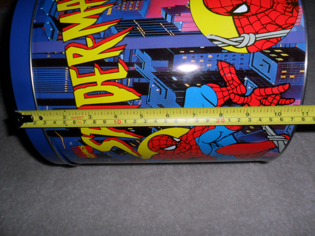 Spiderman Retro Tin with lid. $50. Ex condition. No rust. 11"H x in Arts & Collectibles in Saskatoon - Image 3
