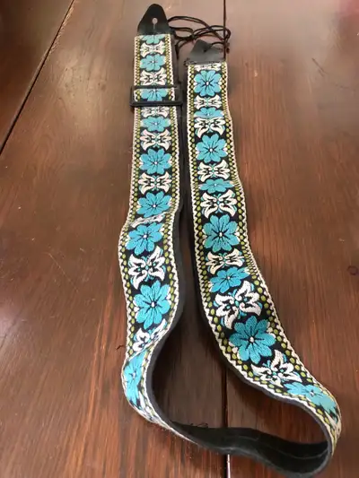 Vintage Embroidered Flower Leather Hippie Guitar Strap Blue, View more