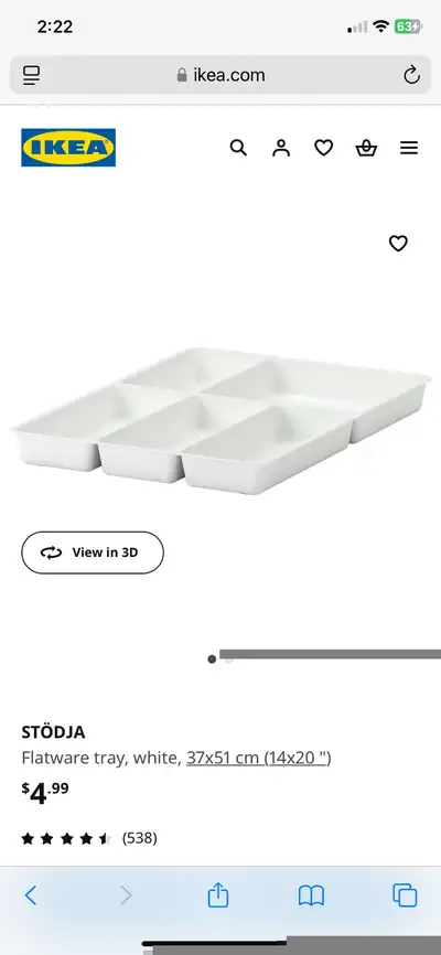 IKEA STODJA Flatware Tray, White 14x20”, View more