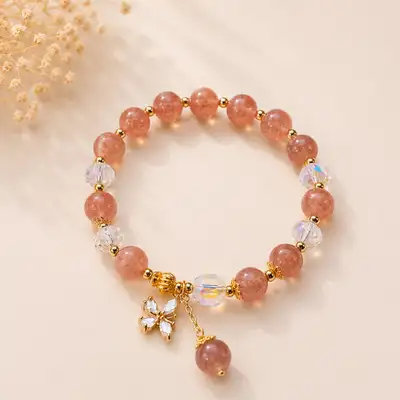 Strawberry Quartz Bracelet with Butterfly Charm, View more