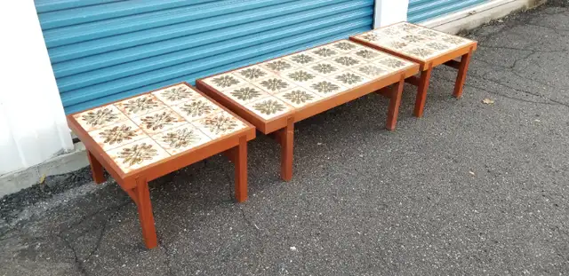 Trioh Danish mcm 1960s coffee end tables teak w ceramic set of 3 in Coffee Tables in Ottawa - Image 3