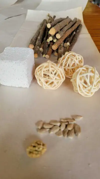 Each bundle contains a pumice chew stone, three natural rattan balls, 50g of applewood chew sticks,...