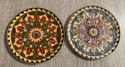 2 Vintage Byzantine Mosaic Brass Display Plates - Made in Greece, View more