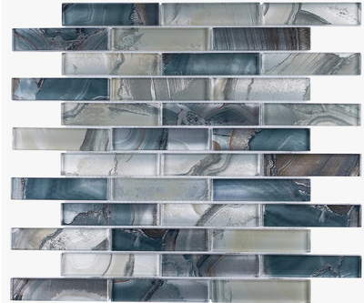 Selling one full box of Ocean Aegean Blue glossy glass mosaic tile. Beautiful blue/grey/white glass...