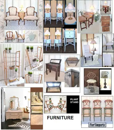 Arm Chairs, Nesting Tables / Stacking Tables, Ice Chest, Bar Stools, Cabinet, Dresser, Vanity Table...
