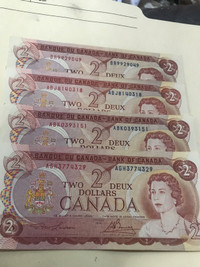 1974 crisp Canadian 2 dollar bills bank notes 4 uncirculated 