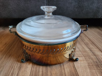 Corning Ware casserole dish in silver plated metal server