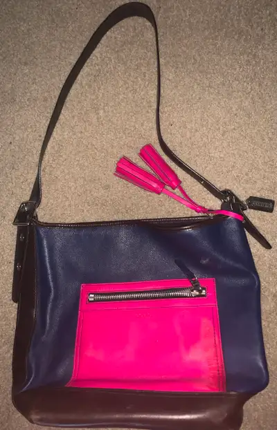 COACH Stylish Leather Shoulder Bag – Navy & Pink, View more