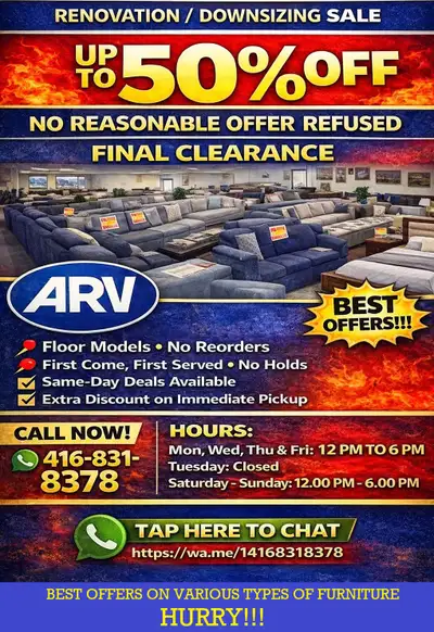 FINAL CLEARANCE ARV FURNITURE MISSISSAUGA ONTARIO CANADA, View more