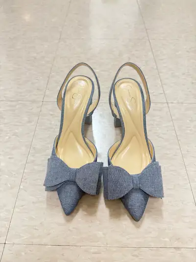 Jean heels with bow Size: 7 / 37.5 Only worn one time to an event. No longer need Selling price: $55...