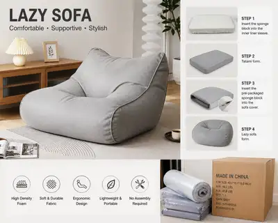 2-in-1 Convertible Floor Cushion & Lazy Bean Bag Sofa , View more