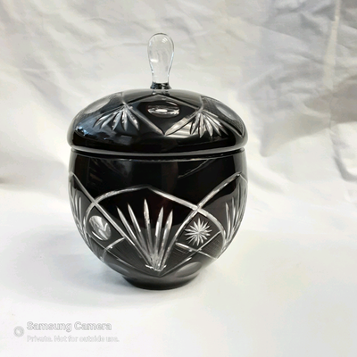 Lidded 7.5"h x 5.25"w mouth. Excellent, displayed only condition. A very very dark Garnet/amethyst b...