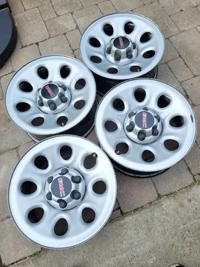 4- OEM steel truck rims in extra clean condition. Come with tire monitors ,center caps and lug nuts....