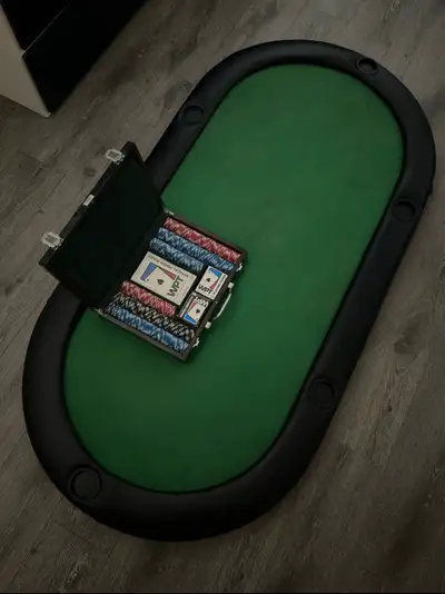 Poker table fits roughly 5-6 people Foldable legs World poker tournament chip and cards set with tra...