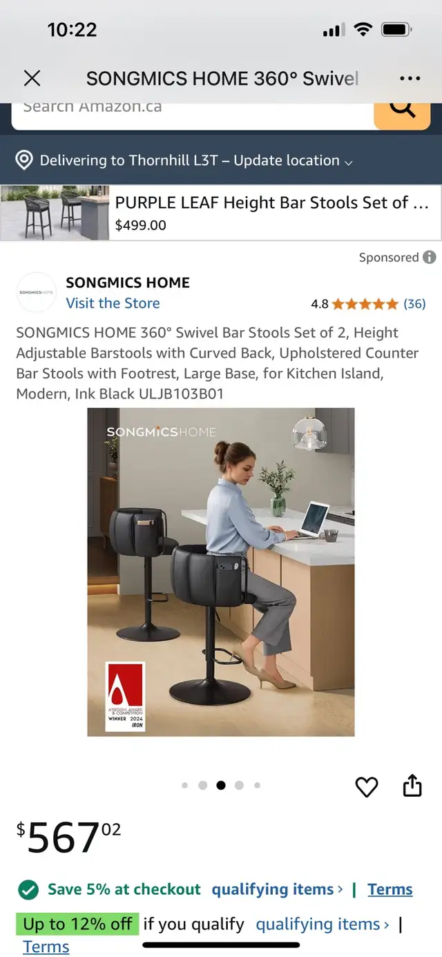  360° Swivel Bar Stool,  Height Adjustable Barstools with Curved in Chairs & Recliners in Markham / York Region - Image 11