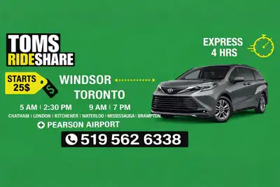windsor To Toronto Rideshare 100%  Everyday @5 am and @3 pm, View more