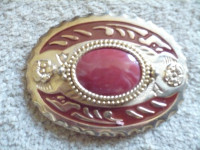 SOLID BRASS BELT BUCKLE WITH AGATE STONE AND POPPY ENGRAVINGS