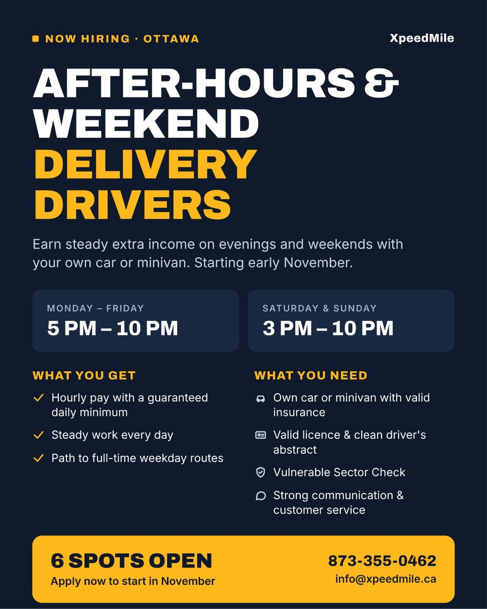 AFTER-HOURS & WEEKEND DELIVERY DRIVERS | Drivers & Security | Ottawa ...