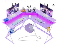 Gaming Desk 50.4” with LED Light & Power Outlets, L-Shaped Table