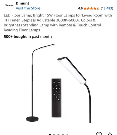 New LED Floor reading Lamp, 15W, Stepless Adjustable 3000K-6000K, View more