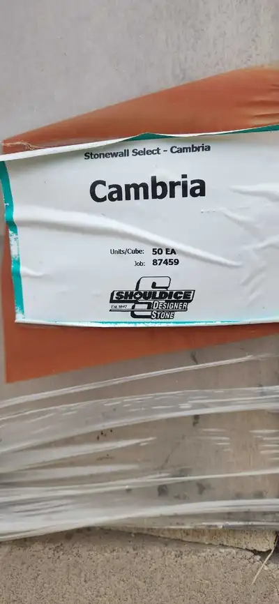 Shouldice Cambria retaining wall block 1500 block, 30 skids of 50 block 300 wall cap pieces 2 rolls...