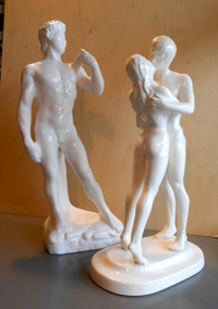 2 Statues en Céramique Blanche - David et les Amoureux