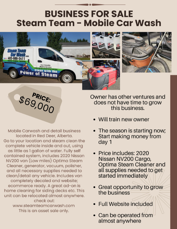 Business for Sale Steam Team Mobile Car Wash Other Business