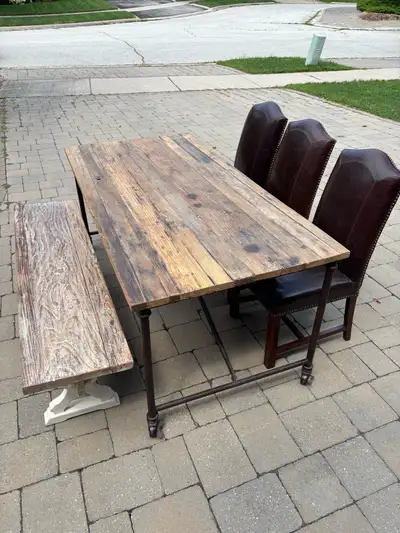 Rustic wood dinning table and matching bench, View more