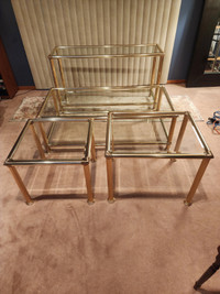 Set of 4 Beautiful Brass and Beveled Glass Tables
