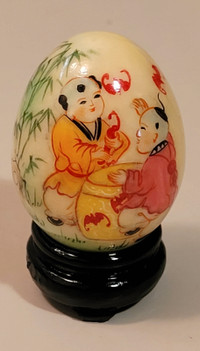 Vintage Chinese Hand Painted Marble Egg  with 2 Men Chatting