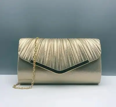 Elevate your evening ensemble with this stunning gold pleated evening clutch featuring a delicate ch...