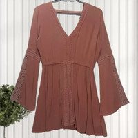 M | Flared Long Lace Sleeve V-Neck Blouson Dress