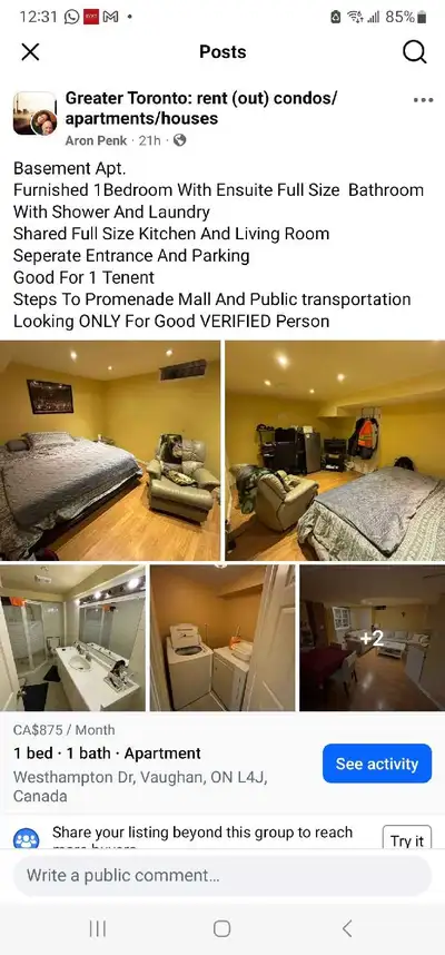 Furnished Basement Apartment. Privete 1 Bedroom With Ensuite Bathroom With Shower And Laundry Shared...