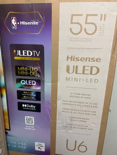 Je vends un nouveau téléviseur Mini-LED Hisense ULED de 55 pouces, offrant une luminosité maximale d...