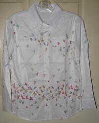 Ladies Long Sleeve White Blouse Shirt Butterfly Print Sz Lg NEW