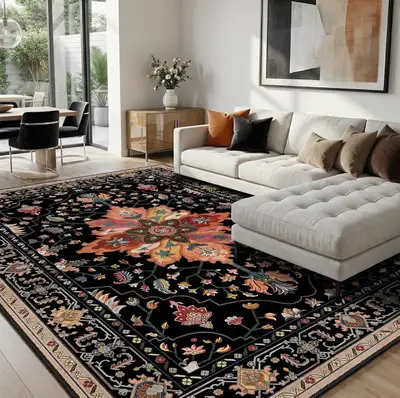 RELEANY Area Rug 8x10' Floral Washable Soft Print Black Colorful, View more