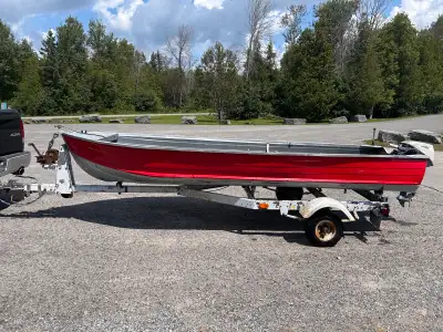 14’ aluminum boat, trailer and 9.5hp motor 9.5HP Evinrude. Carb just rebuilt, fresh plugs, lower end...