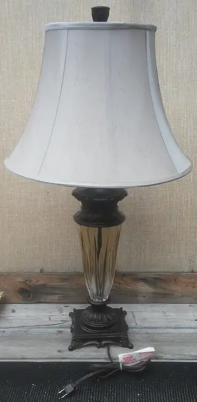 VINTAGE 33.5" Amber Glass and Metal Table Lamp + Shade, View more